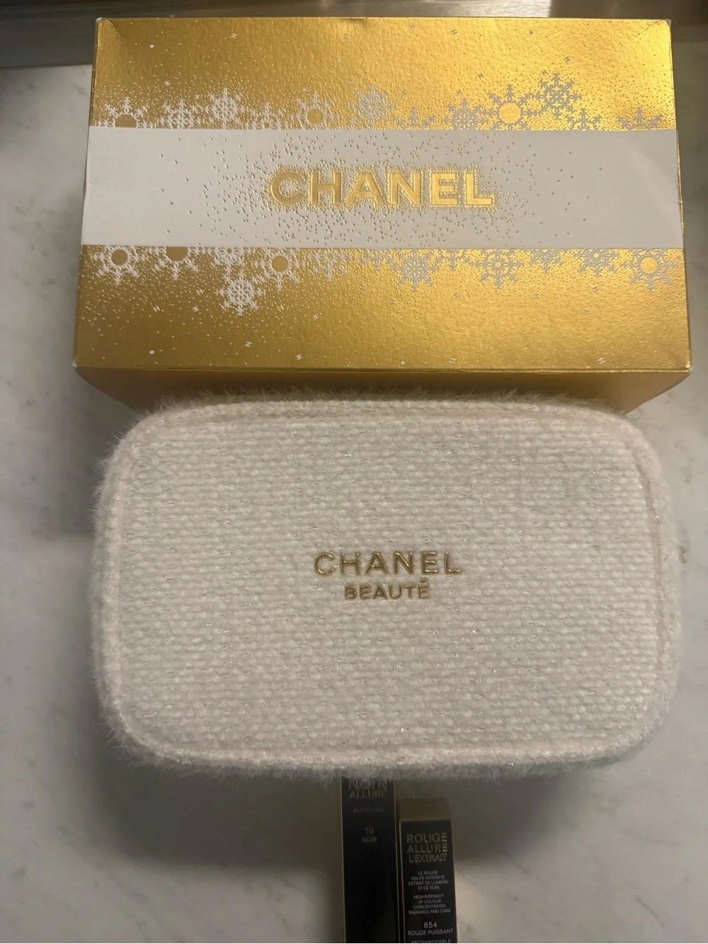 CHANEL Black Mascara & Red Lipstick Set with Cream Pouch